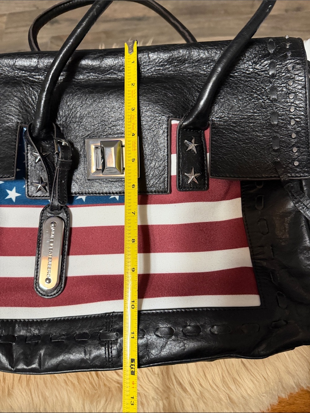 Aimee Kestenberg Black Leather American Flag Tote Bag Studded Satchel Handbag - Picture 12 of 13